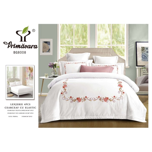 Lenjerie 4 piese pat dublu – bumbac fin, cearșaf cu elastic, Alb, LFB-005
