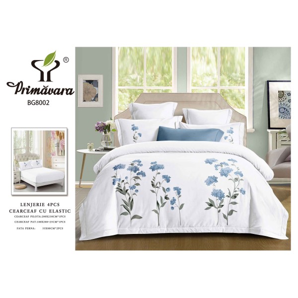 Lenjerie 4 piese pat dublu – bumbac fin, cearșaf cu elastic, Alb, LFB-006