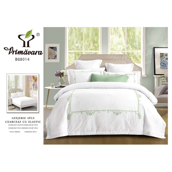 Lenjerie 4 piese pat dublu – bumbac fin, cearșaf cu elastic, Alb, LFB-007