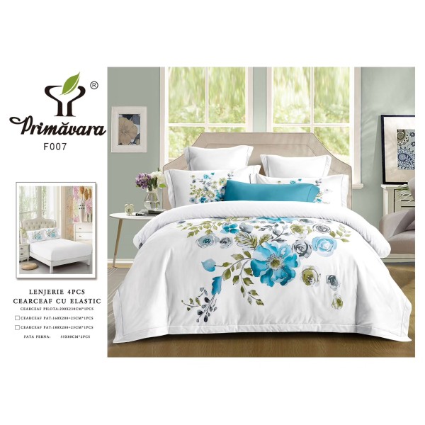 Lenjerie 4 piese pat dublu – bumbac fin, cearșaf cu elastic, Alb, LFB-009