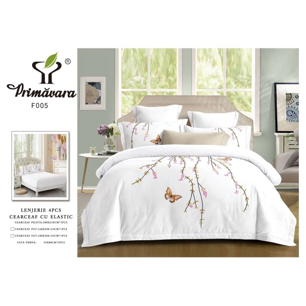 Lenjerie 4 piese pat dublu – bumbac fin, cearșaf cu elastic, LFB-010