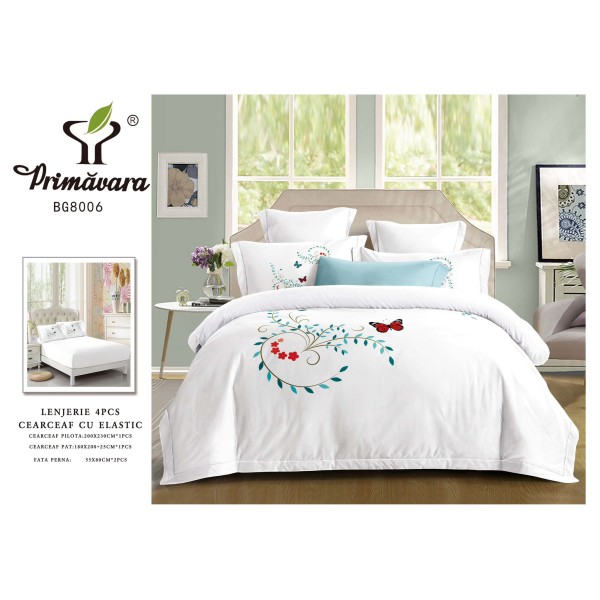 Lenjerie 4 piese pat dublu – bumbac fin, cearșaf cu elastic, Alb, LFB-011