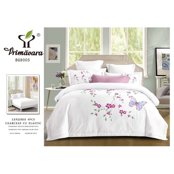 Lenjerie 4 piese pat dublu – bumbac fin, cearșaf cu elastic, Alb, LFB-012