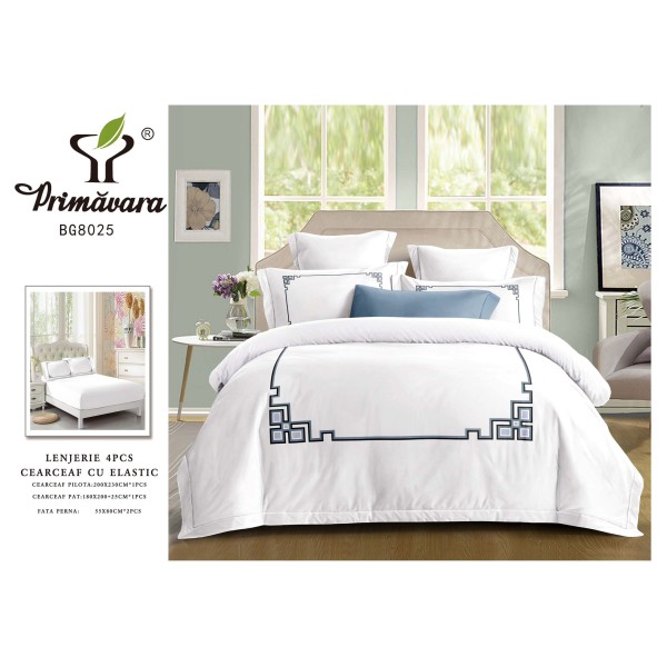 Lenjerie 4 piese pat dublu – bumbac fin, cearșaf cu elastic, Alb, LFB-013