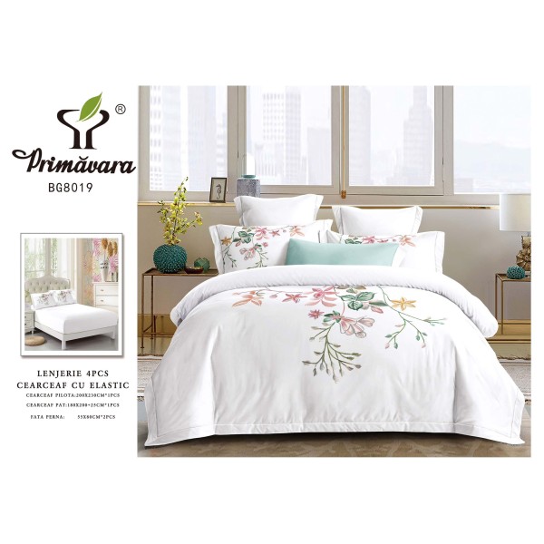 Lenjerie 4 piese pat dublu – bumbac fin, cearșaf cu elastic, Alb, LFB-014