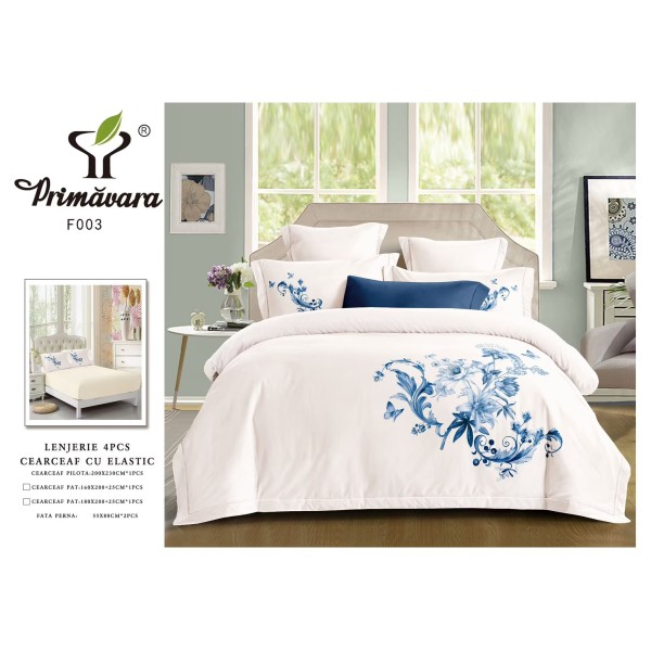 Lenjerie 4 piese pat dublu – bumbac fin, cearșaf cu elastic, Crem, LFB-017