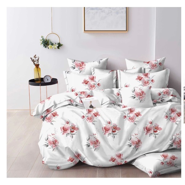 Set Lenjerie de Pat din Finet cu 2 Fete, 6 Piese, Pat 2 Persoane, Alb-Rosu, flori, OLD-091