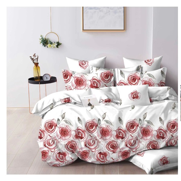 Set Lenjerie de Pat din Finet cu 2 Fete, 6 Piese, Pat 2 Persoane, Alb-Rosu, flori, OLD-019