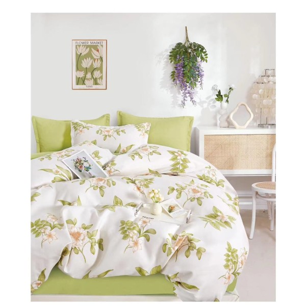 Set Lenjerie de Pat din Finet cu 2 Fete, 6 Piese, Pat 2 Persoane, Alb-Verde, flori, OLD-111