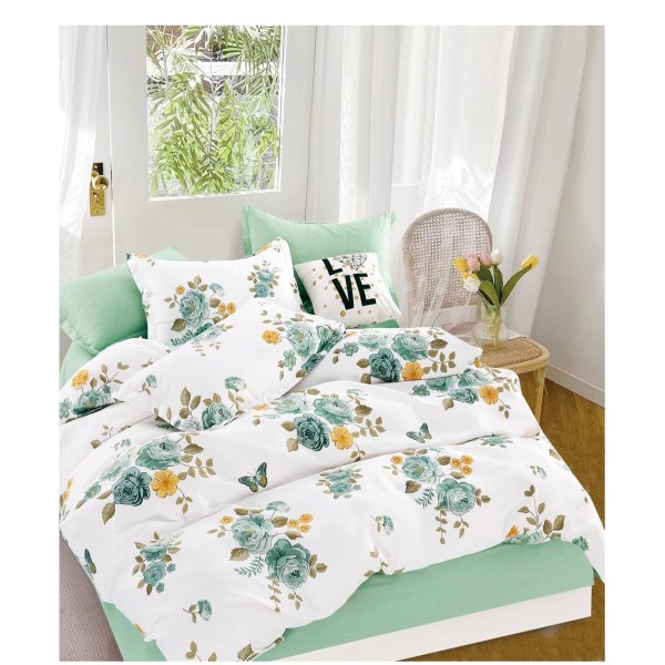 Set Lenjerie de Pat din Finet cu 2 Fete, 6 Piese, Pat 2 Persoane, Alb-Verde, flori, OLD-113