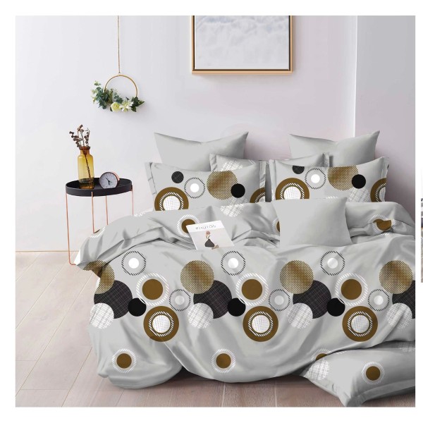 Set Lenjerie de Pat din Finet cu 2 Fete, 6 Piese, Pat 2 Persoane, Gri-Maro, cercuri, OLD-119