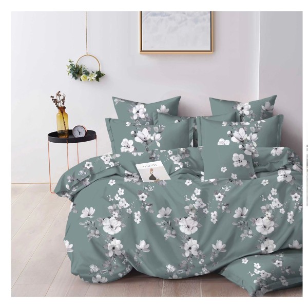 Set Lenjerie de Pat din Finet cu 2 Fete, 6 Piese, Pat 2 Persoane, Verde-Alb, flori, OLD-129