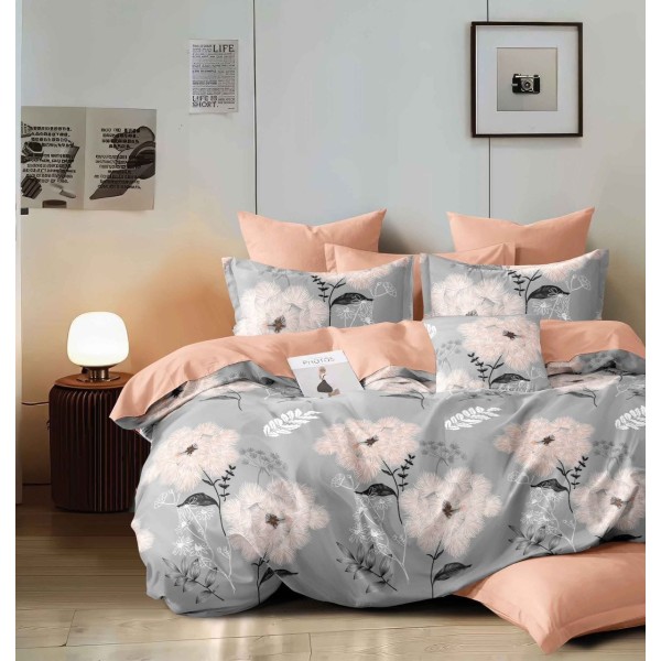 Lenjerie pat dublu, 4 piese, Bumbac Satinat Superior, Gri-Bej, flori, LDBS-006
