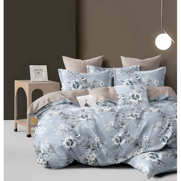 Lenjerie pat dublu, 4 piese, Bumbac Satinat Superior, Gri-Alb, flori, LDBS-002