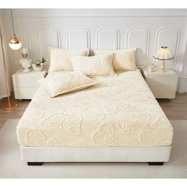 Cearsaf de Pat cu Elastic si 2 Fete de Perna, CoCoLiNo, 180x200x25cm, model FLUTURI, Crem, HCT-019