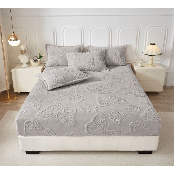 Cearsaf de Pat cu Elastic si 2 Fete de Perna, CoCoLiNo, 180x200x25cm, model FLUTURI, Gri deschis, HCT-015