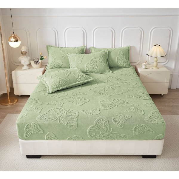 Cearsaf de Pat cu Elastic si 2 Fete de Perna, CoCoLiNo, 180x200x25cm, model FLUTURI, Verde, HCT-012