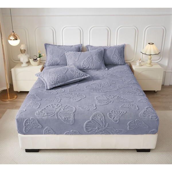 Cearsaf de Pat cu Elastic si 2 Fete de Perna, CoCoLiNo, 180x200x25cm, model FLUTURI, Gri albastrui, HCT-016