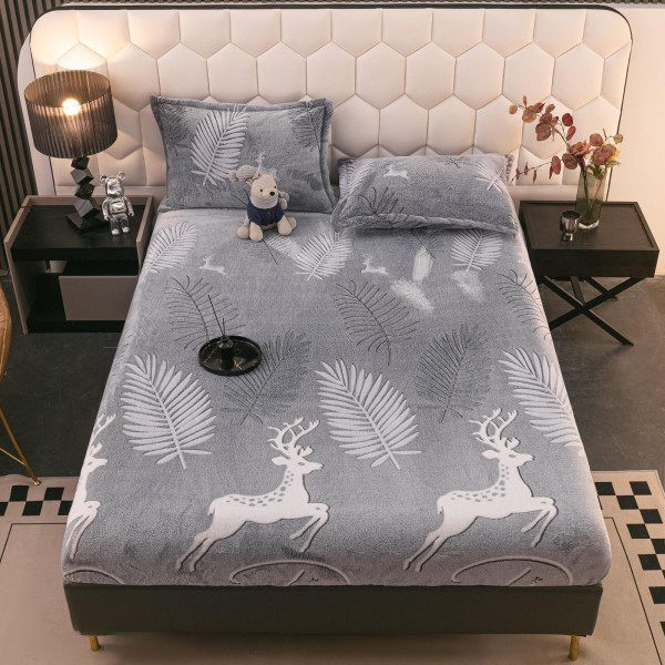 Cearsaf cu elastic COCOLINO, 180x200x25cm, plus 2 fete de perne, Gri-Alb, frunze, cerbi, HC-075