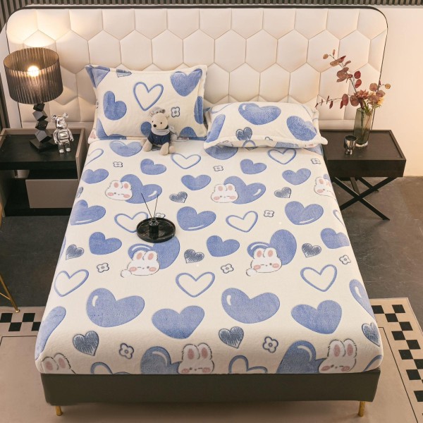 Cearsaf cu elastic COCOLINO, 180x200x25cm, plus 2 fete de perne, Alb-Blue, inimi, HC-021