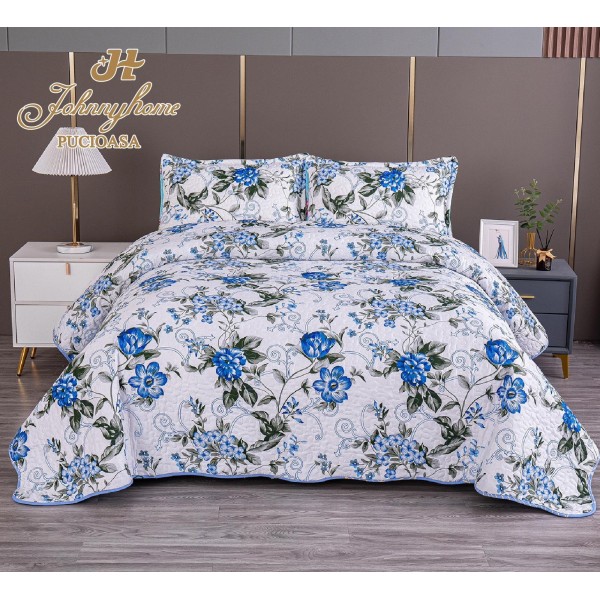 Cuvertura pentru pat dublu cu 2 fete, matlasata, Bumbac Satinat, Alb-Blue, flori, OCT-004