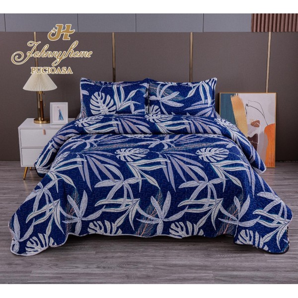 Cuvertura pentru pat dublu cu 2 fete, matlasata, Bumbac Satinat, Alb-Blue, frunze, OCT-029