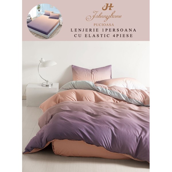 Lenjerie Bumbac Finet Superior, 4 Piese, Pat 1 Persoana, cearsaf cu ELASTIC, Lila-Degrade, OTM-052