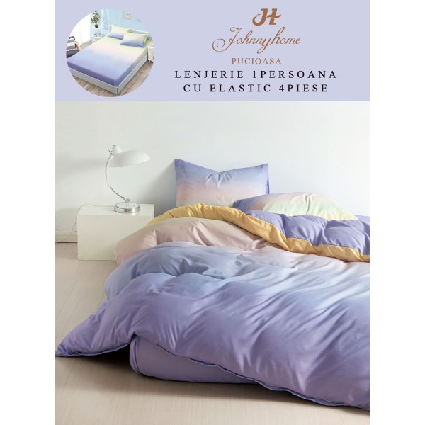 Lenjerie Bumbac Finet Superior, 4 Piese, Pat 1 Persoana, cearsaf cu ELASTIC, Lila-Degrade, OTM-054
