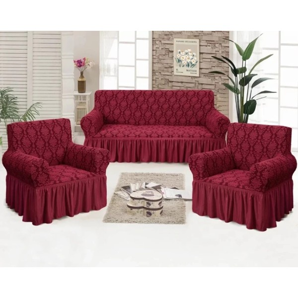 Set huse pentru canapea 3 Locuri si 2 fotolii, cu volanas, model Jacquard, Bordo, HCJ-005
