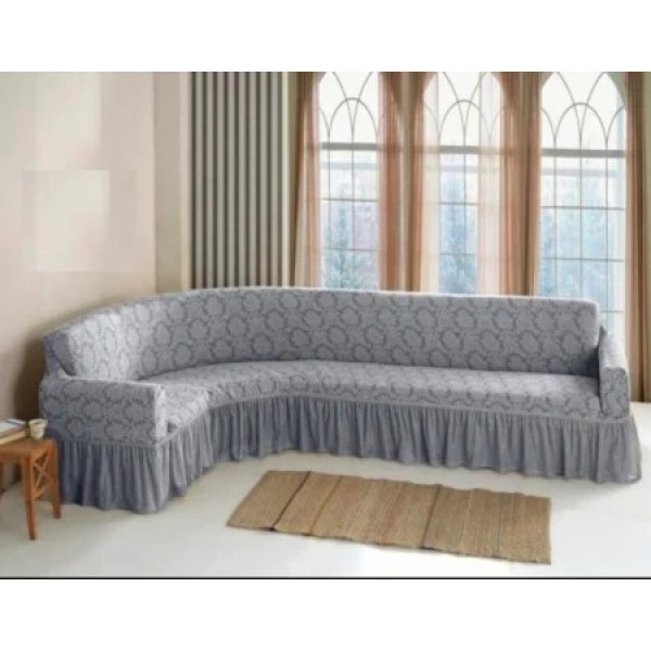 Husa elastica pentru coltar, model Jacquard, cu volanas, Gri deschis, HCJ-007