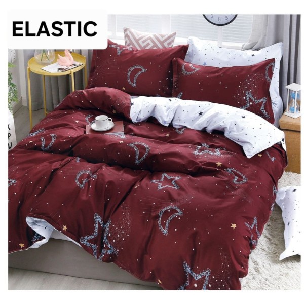 Lenjerie pat dublu, 4 piese, Bumbac Satinat Superior, cu ELASTIC, Grena-Alb, stele, OTM-067