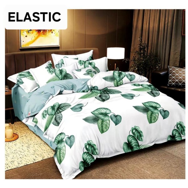 Lenjerie pat dublu, 4 piese, Bumbac Satinat Superior, cu ELASTIC, Alb-Verde, frunze, OTM-069