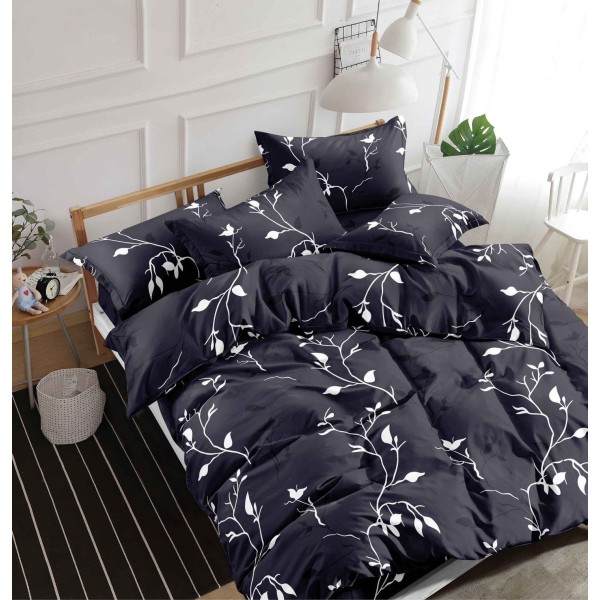 Lenjerie pat dublu, 4 piese, Bumbac Satinat Superior, Bleumarin-Alb, frunze, OLBS-029