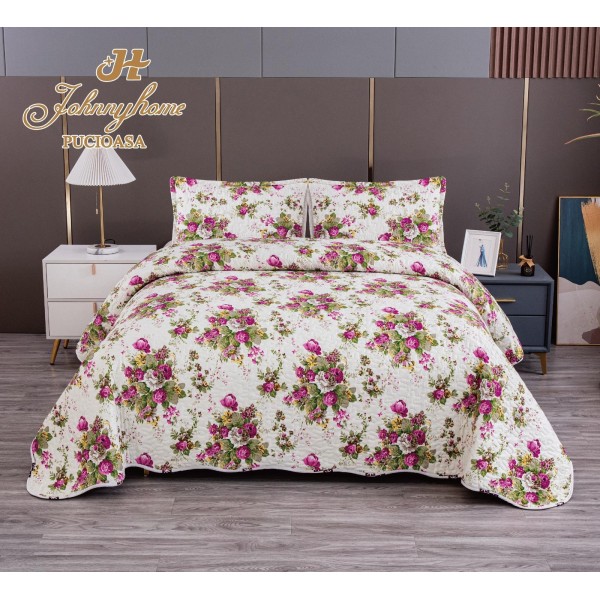 Cuvertura pentru pat dublu cu 2 fete, matlasata, Bumbac Satinat, Crem-Multicolor, linii, OCT-042