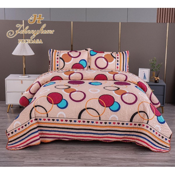 Cuvertura pentru pat dublu cu 2 fete, matlasata, Bumbac Satinat, Maro-Bej, flori, OCT-062