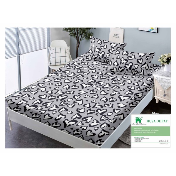Cearsaf cu elastic, Bumbac FINET, 90x200cm, plus 2 fete de perne, Alb-Gri-Negru, animal print, HDF-109