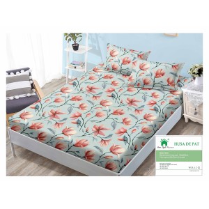 Cearsaf cu elastic, Bumbac FINET, 90x200cm, plus 2 fete de perne, Verde-Multicolor, flori, HDF-111