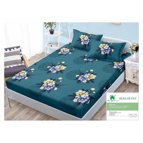 Cearsaf cu elastic, Bumbac FINET, 90x200cm, plus 2 fete de perne, Verde-Multicolor, flori, HDF-114