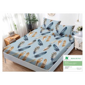 Cearsaf cu elastic, Bumbac FINET, 90x200cm, plus 2 fete de perne, Blue-Multicolor, pene, HDF-117