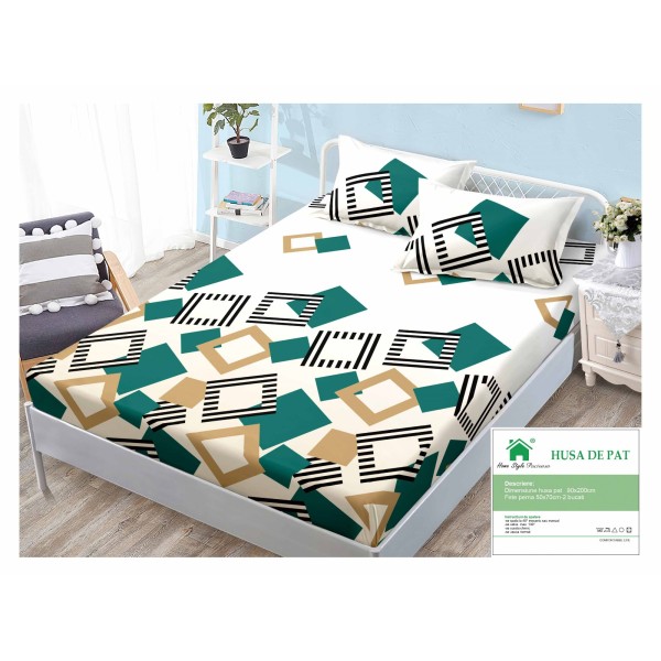 Cearsaf cu elastic, Bumbac FINET, 90x200cm, plus 2 fete de perne, Alb-Multicolor, patrate, HDF-180