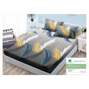 Cearsaf cu elastic, Bumbac FINET, 90x200cm, plus 2 fete de perne, Gri-Multicolor, pene, HDF-181