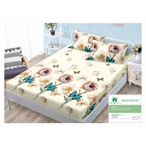 Cearsaf cu elastic, Bumbac FINET, 90x200cm, plus 2 fete de perne, Crem-Multicolor, flori, fluturi, HDF-184
