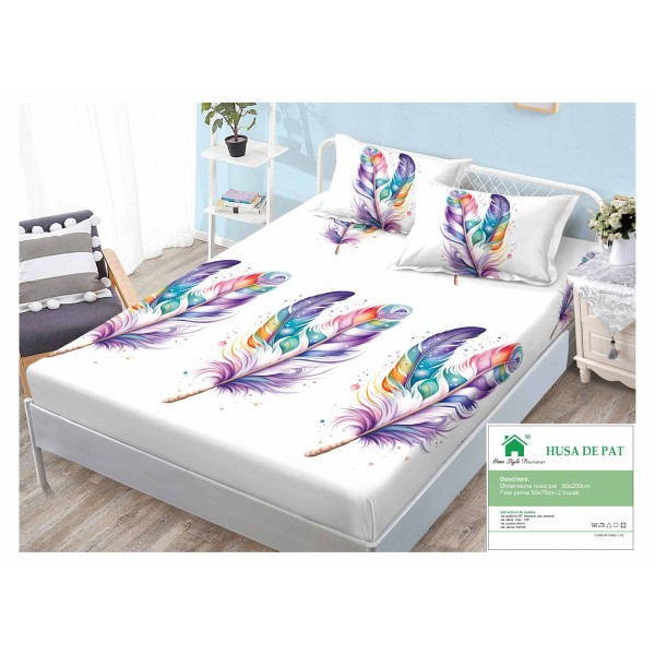 Cearsaf cu elastic, Bumbac FINET, 90x200cm, plus 2 fete de perne, Alb-Multicolor, pene, HDF-185