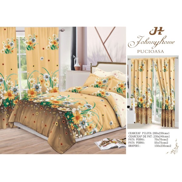 Lenjerie pat dublu, BUMBAC FINET, 6 piese, plus 2 DRAPERII, Crem-Multicolor, flori, LFG-011