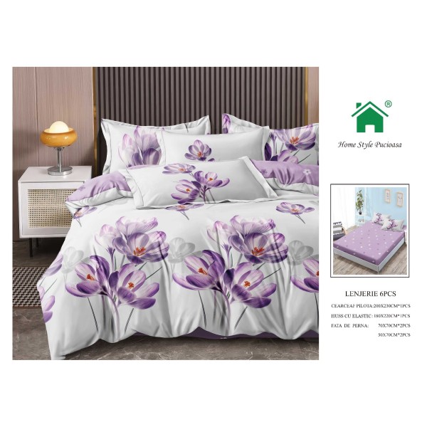 Set Lenjerie de pat din Finet Gros, Cearceaf cu ELASTIC, 6 Piese, Pat 2 Persoane, Alb-Lila, flori, LDE-020