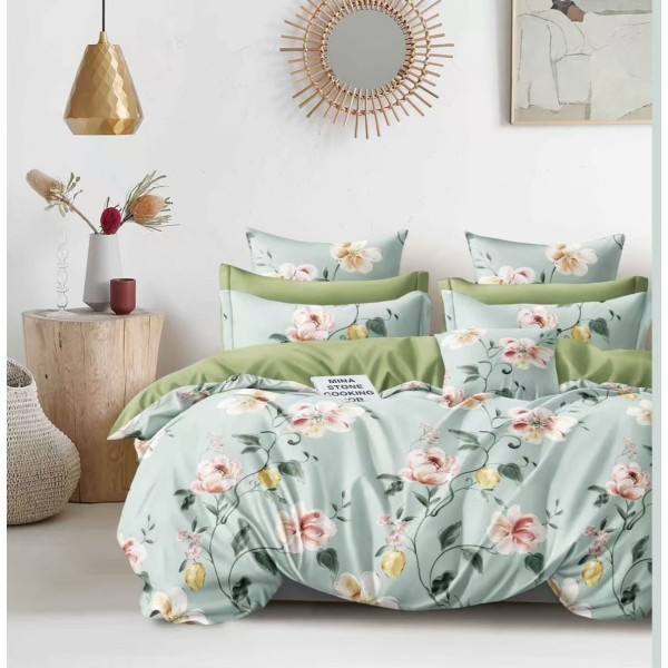 Lenjerie pat dublu, 4 piese, Bumbac Satinat Superior, Verde-Multicolor, flori, LDBS-005