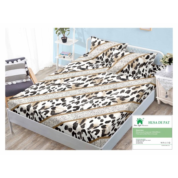 Husa pat cu elastic, Bumbac FINET, 140x200cm, 2 fete de perne 50x70cm, Crem-Negru, animal print, HDF-012