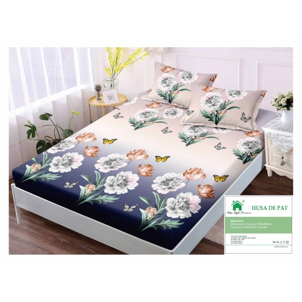 Husa pat cu elastic, Bumbac FINET, 140x200cm, 2 fete de perne 50x70cm, Crem-Multicolor, flori, HDF-004