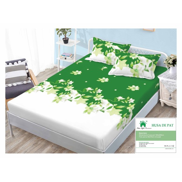 Husa pat cu elastic, Bumbac FINET, 140x200cm, 2 fete de perne 50x70cm, Verde-Alb, flori, HDF-165