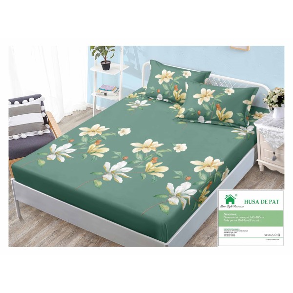 Husa pat cu elastic, Bumbac FINET, 140x200cm, 2 fete de perne 50x70cm, Verde-Alb, flori, HDF-166